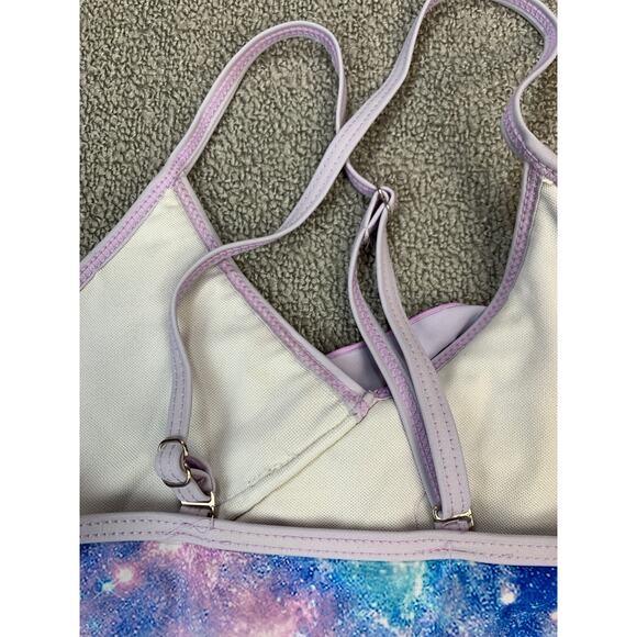 Girls One Piece Swimsuit Blue Purple Galaxy Print Ruffle Adjustable Straps Large - Picture 4 of 7
